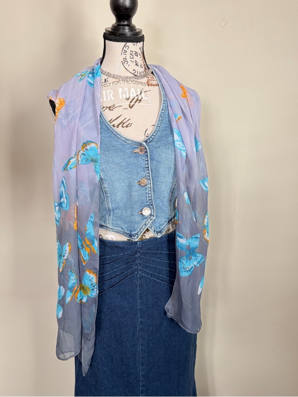 grey blue butterfly printed sheer scarf - Picture 3 of 7